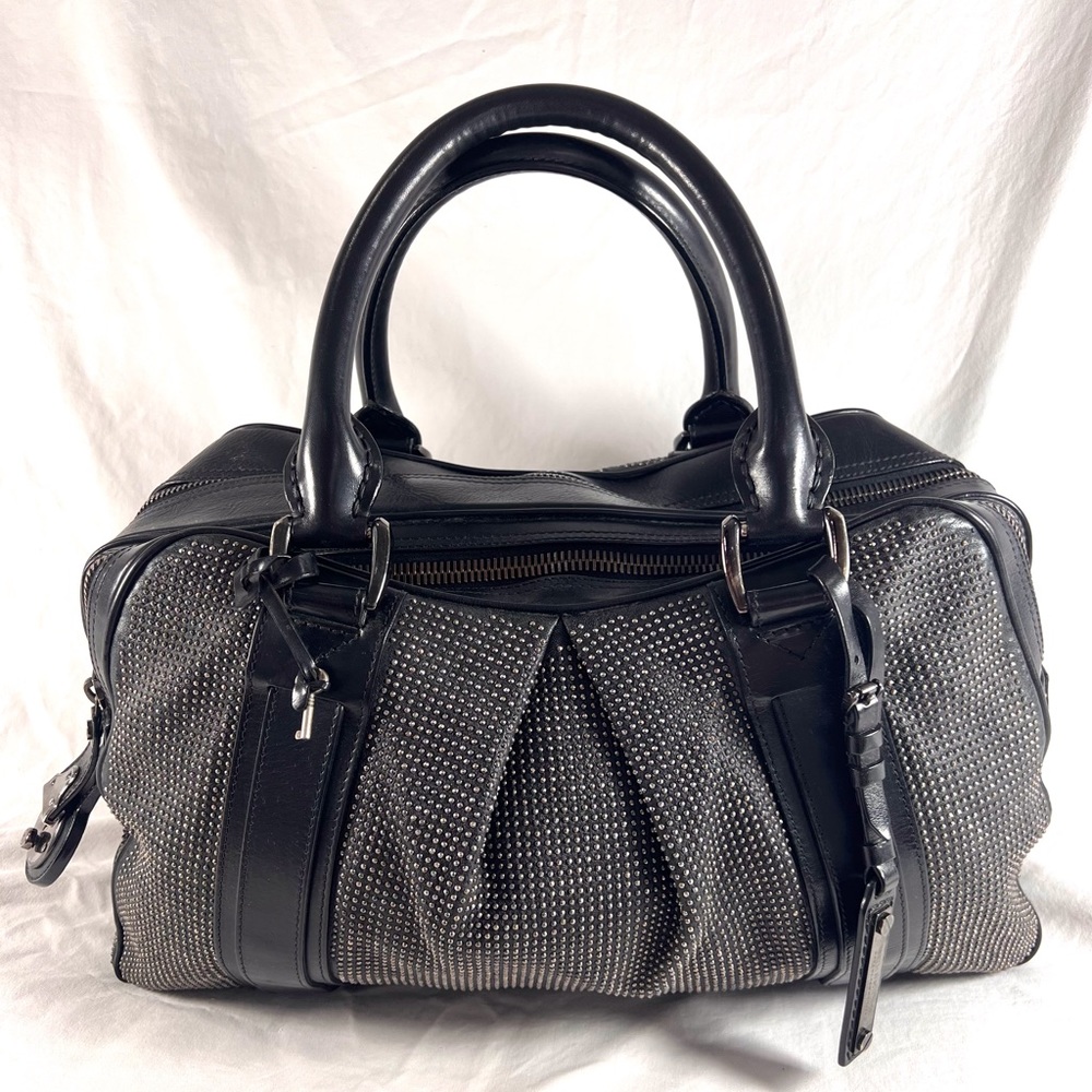 BURBERRY Black Leather & Studded Ashbury Knight Handle Satchel Bag Made in Italy